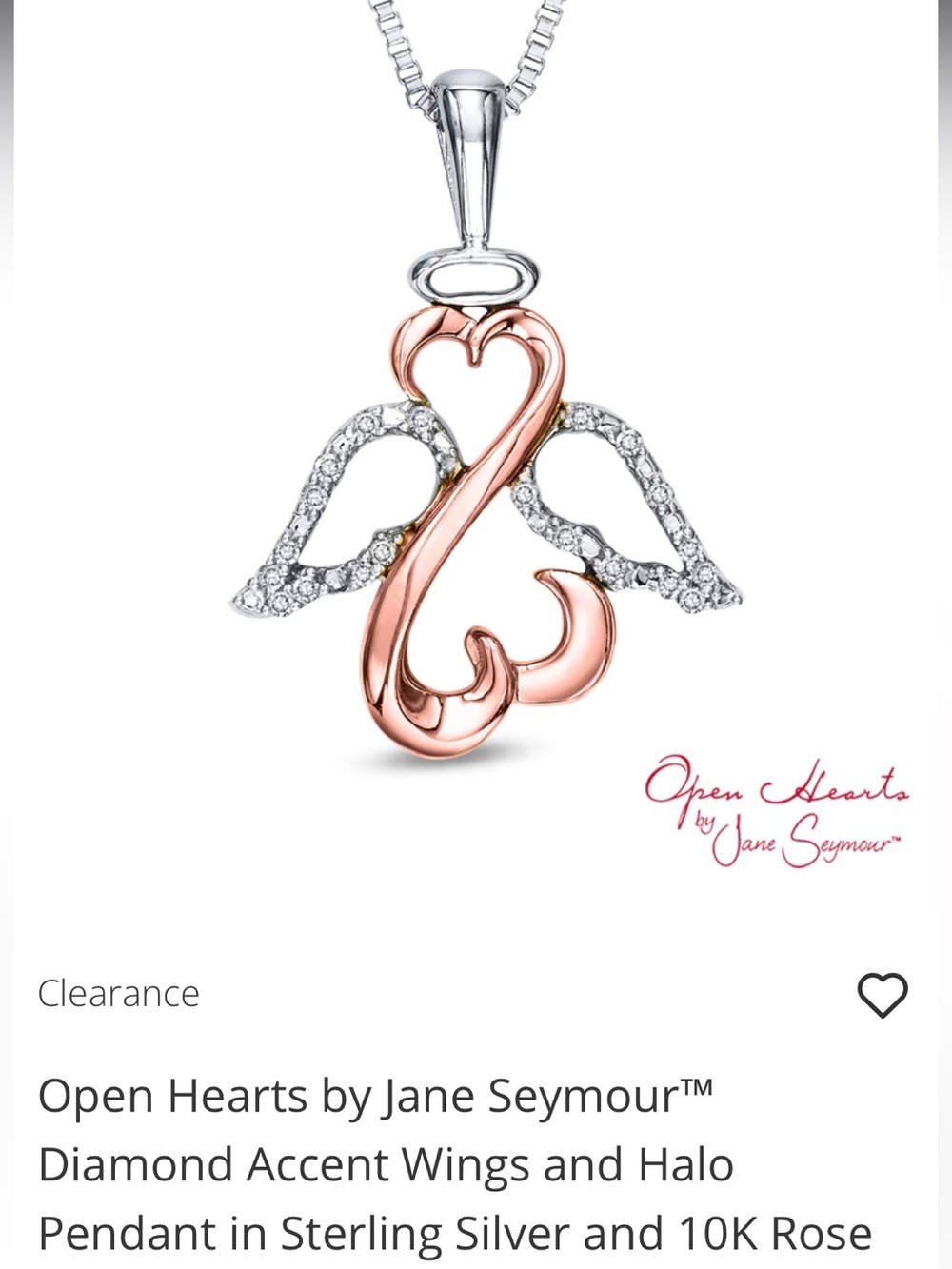 Open Hearts by Jane Seymour Rose Gold and Silver Angel Wing Pendant + 18” Chain